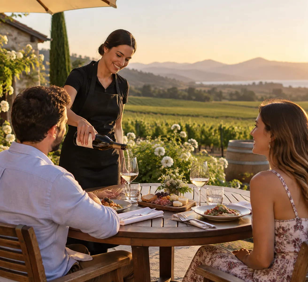 Winery staff serving guests an outdoor tasting using Flip POS on Shopify POS